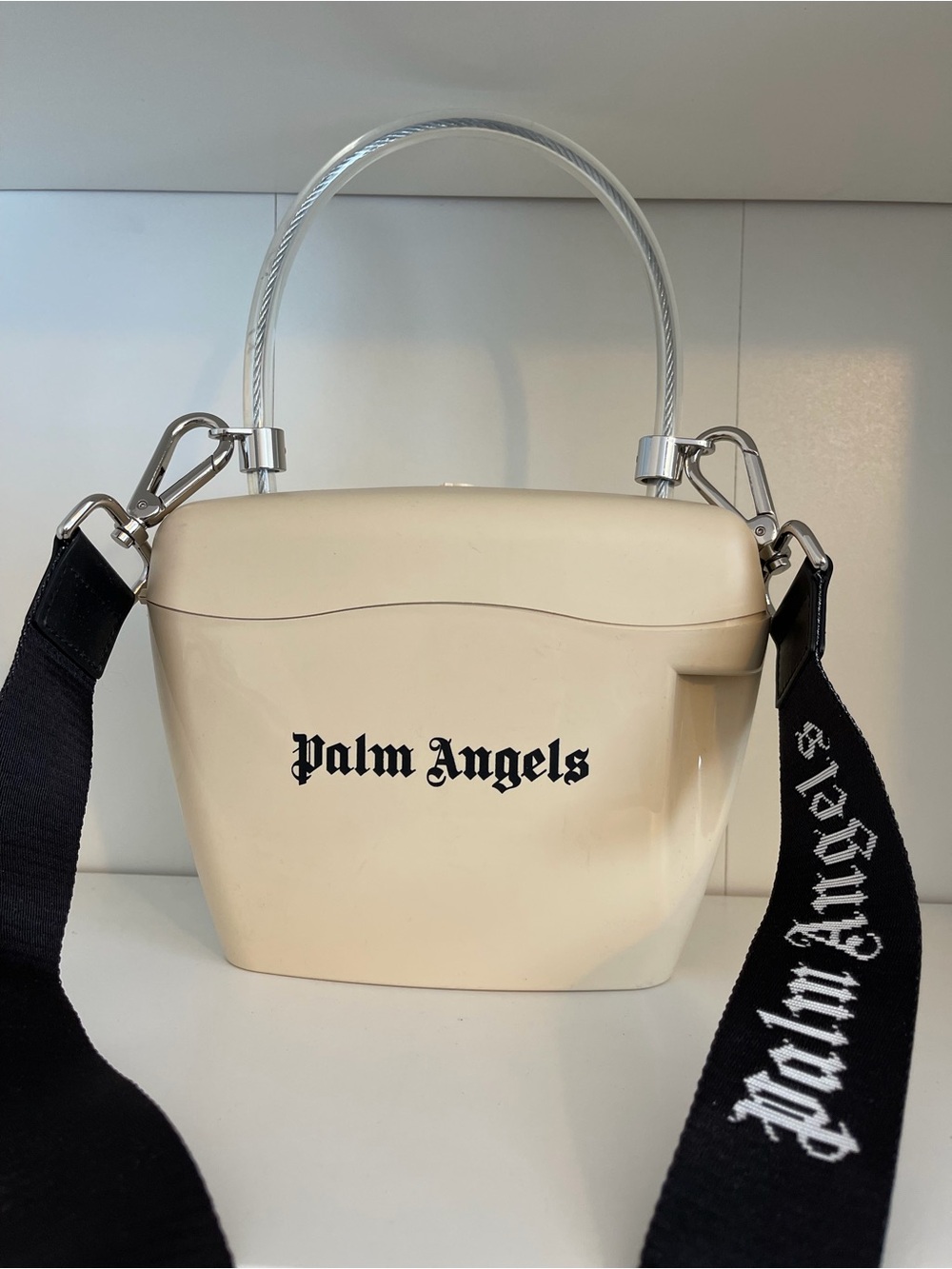 Palm Angels Cream Mini Bucket Bag with Black Logo Strap